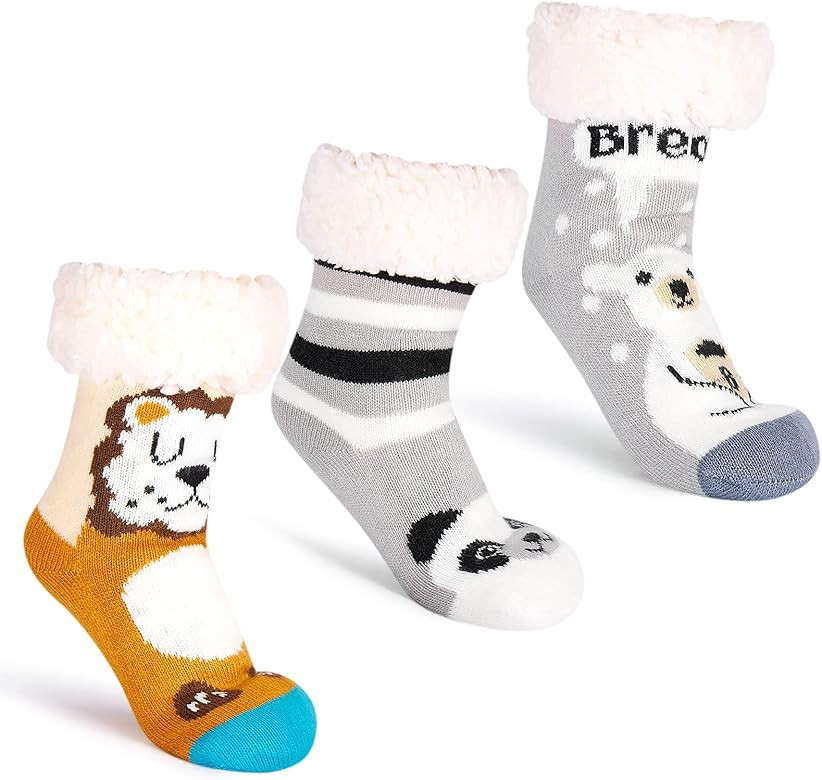 Cozople 3 Pairs Boys Girls Fuzzy Slipper Socks Kids Winter Cozy Thermal Fluffy Fleece Lined Christma | Amazon (US)