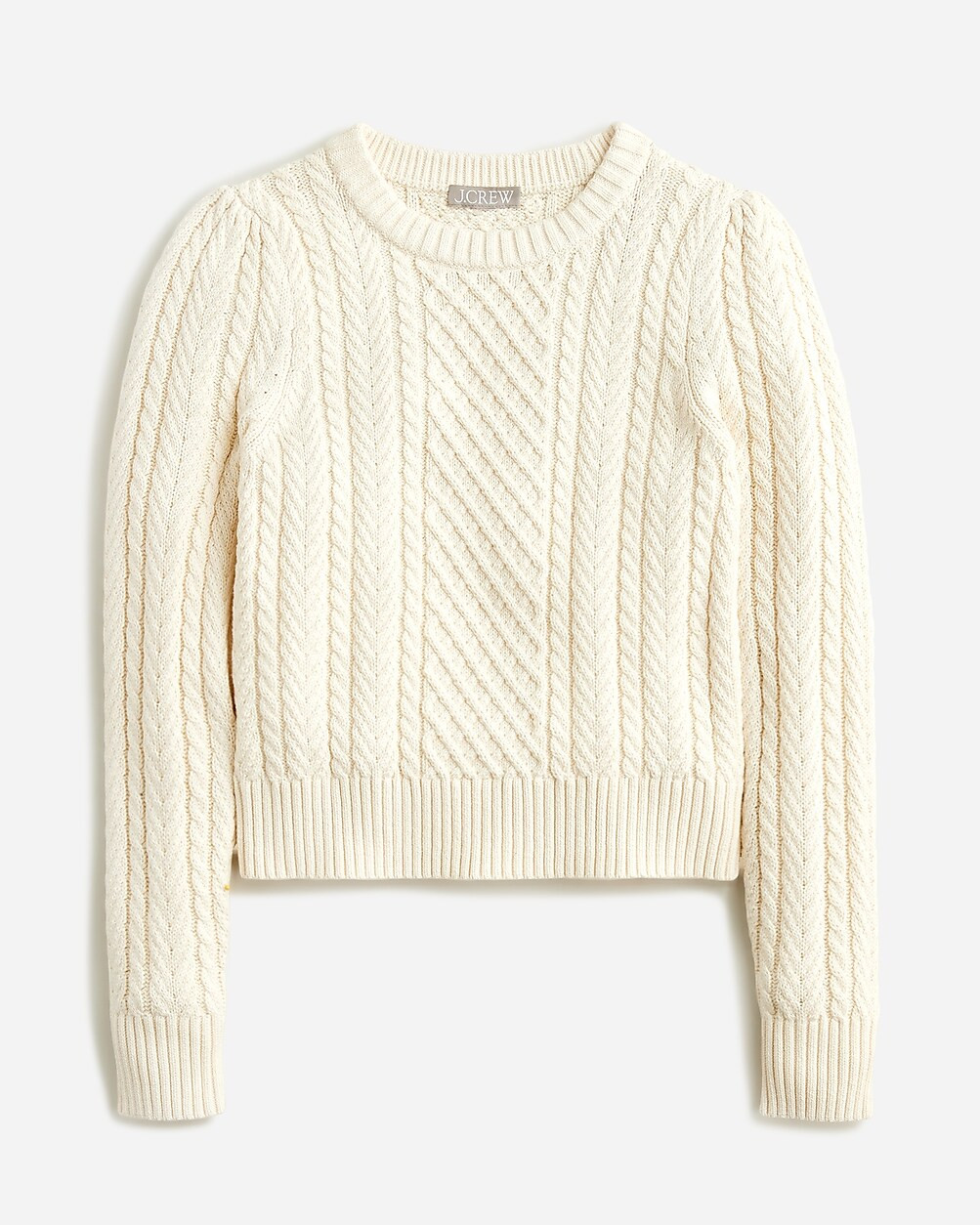 Cable-knit puff-sleeve crewneck sweater | J. Crew US