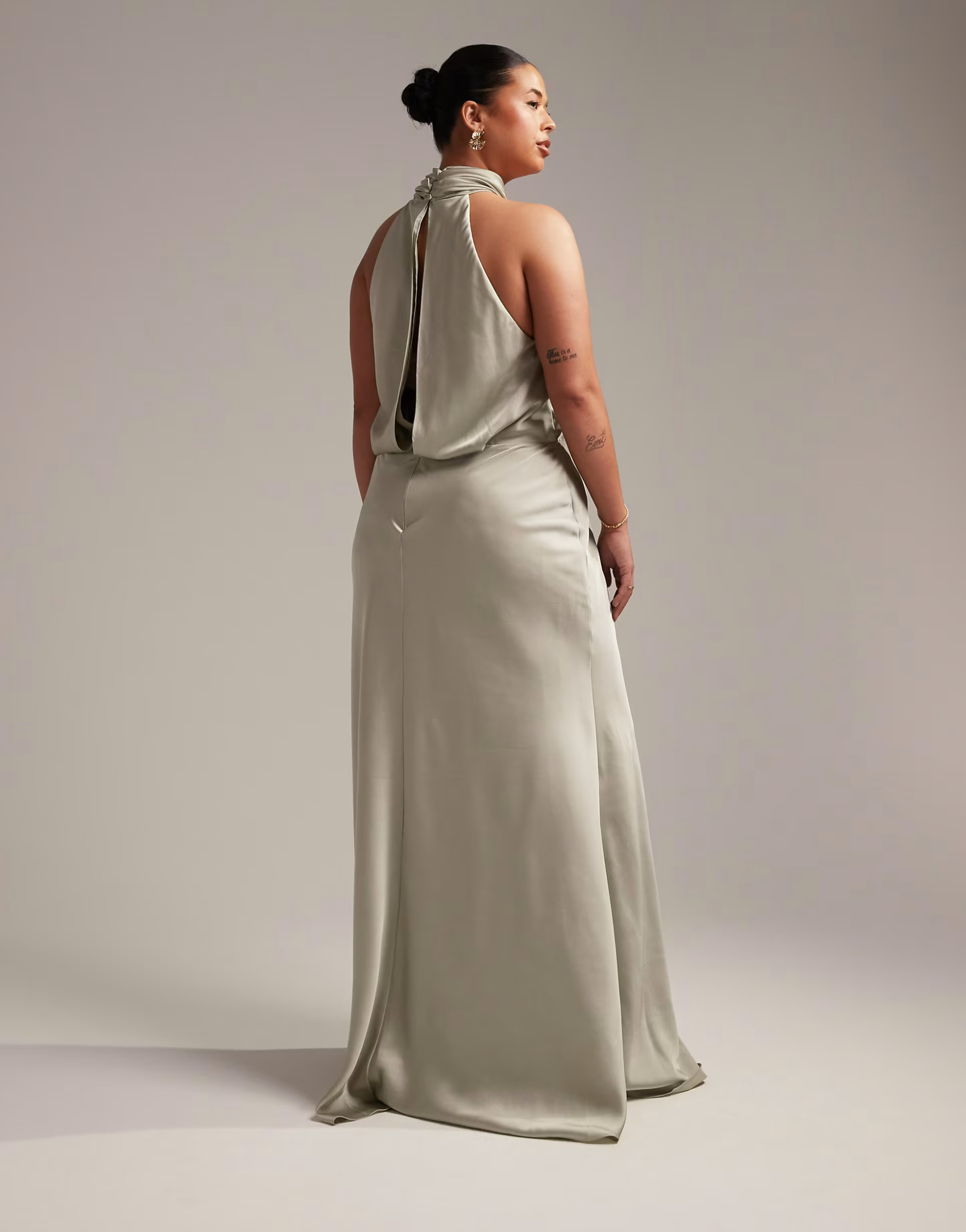 ASOS DESIGN Bridesmaid Curve satin ruched halter neck maxi dress in sage green | ASOS (Global)