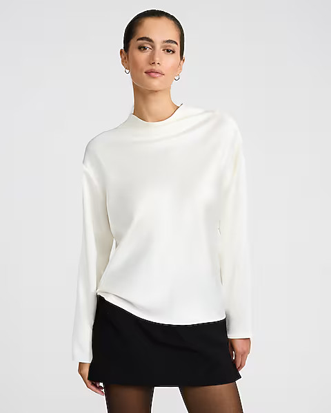 Satin Mock Neck Long Sleeve Top | Express