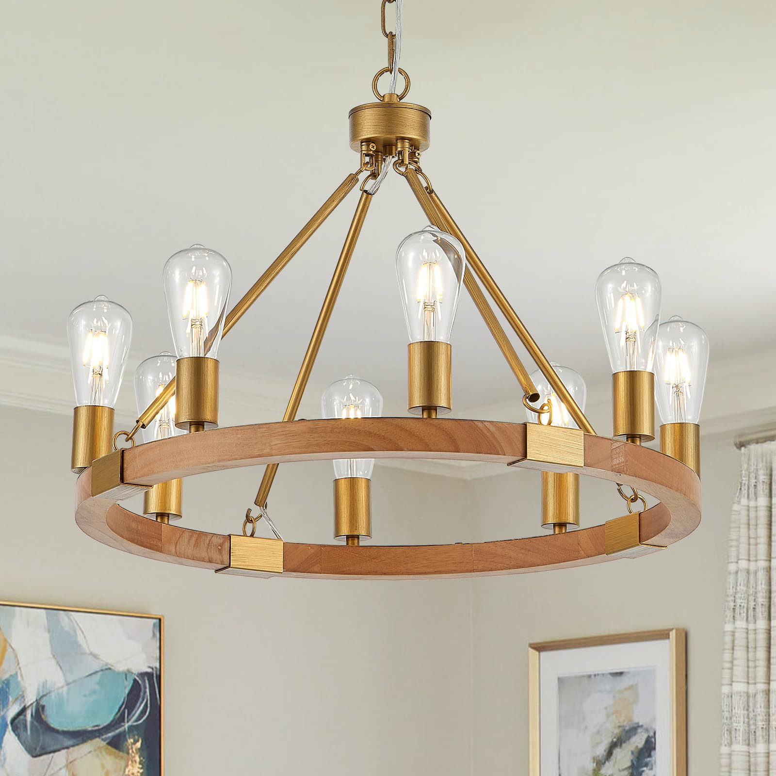 Wooden Wagon Wheel Chandelier 8-Light Rustic Light Fixtures Brass Gold Farmhouse Wood Round Chand... | Amazon (US)