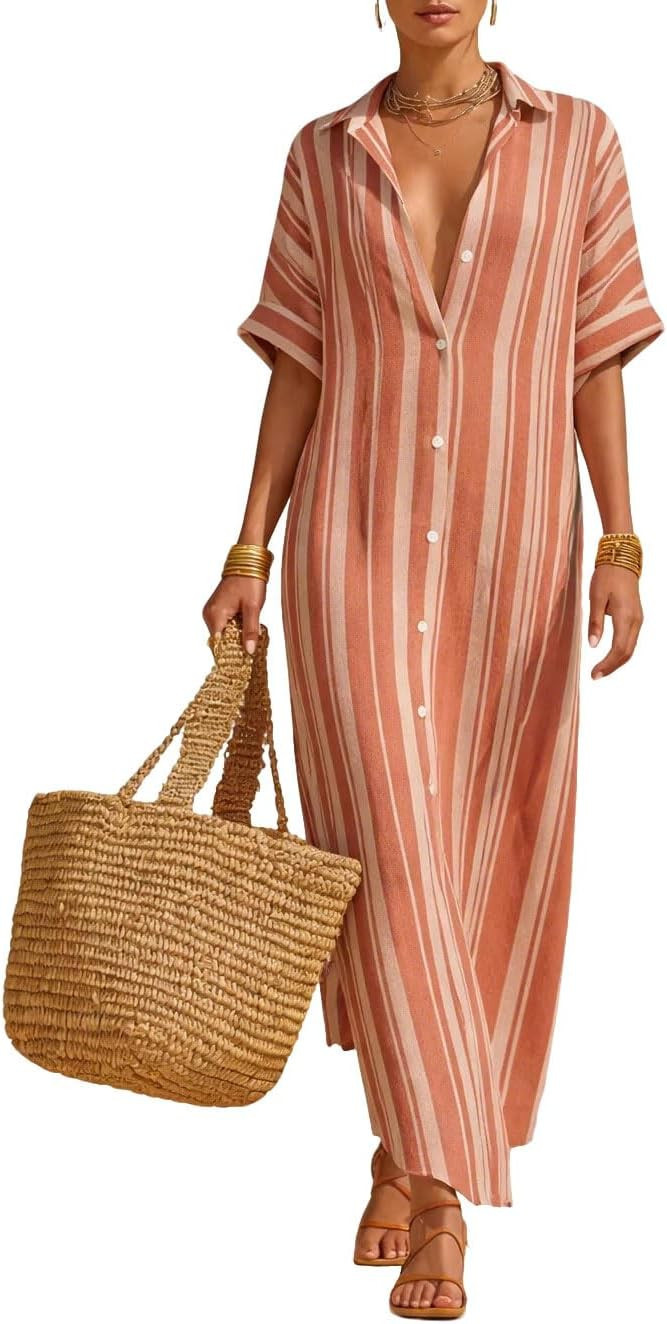 Women's Button Down Striped Maxi Dress Casual Loose Short Sleeve Cotton Summer Beach Shirt Dresse... | Amazon (US)
