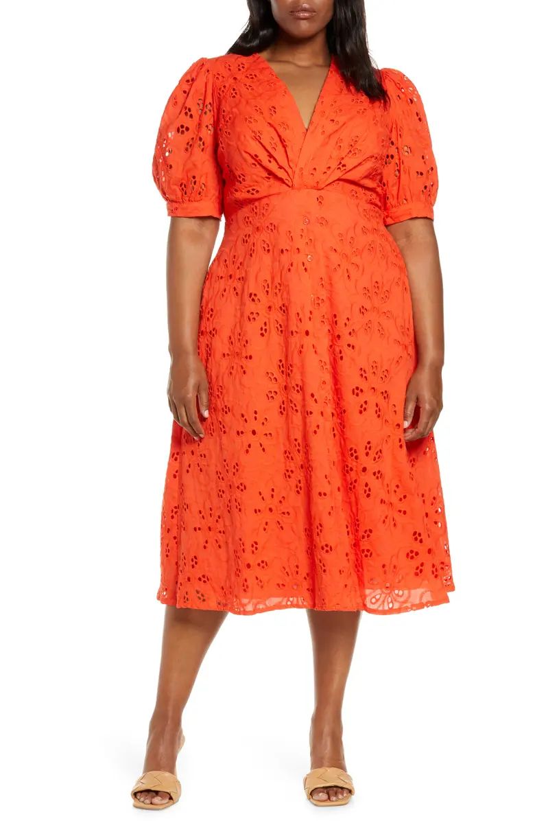 Maggy London Puff Sleeve Cotton Eyelet Midi Dress | Nordstrom | Nordstrom
