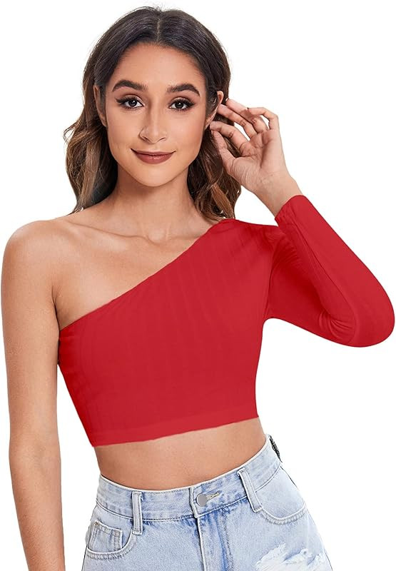 Romwe Women's Basic One Shoulder Long Sleeve Ribbed Knit Slim Fit Crop Top Tee T Shirt Red L | Amazon (US)
