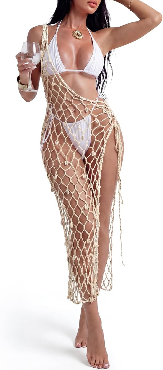 Women Swimsuit Crochet Cover up Dress 2026 Summer Bathing Suit Asymmetric Coverup Beach Tie Wrap ... | Amazon (US)