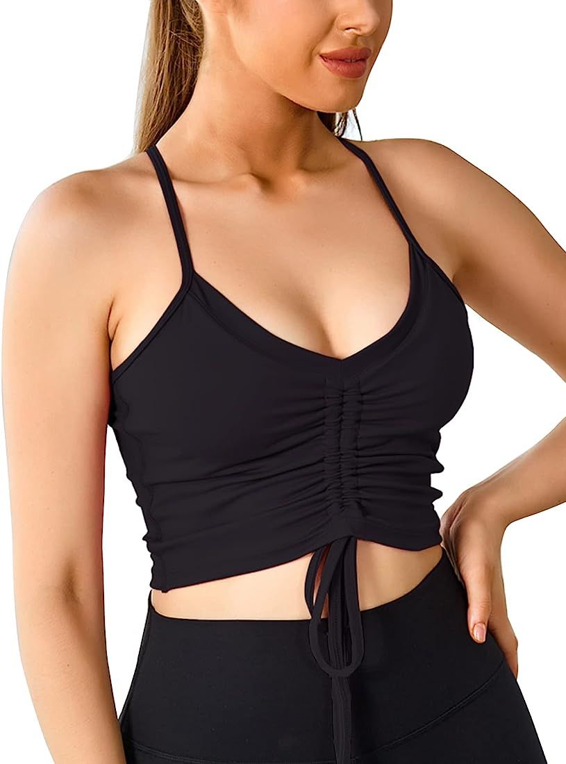 V Neck Sports Bra for Women Longline Sports Bras T Back Sleeveless Crop Tank Top Drawstring Yoga ... | Amazon (US)