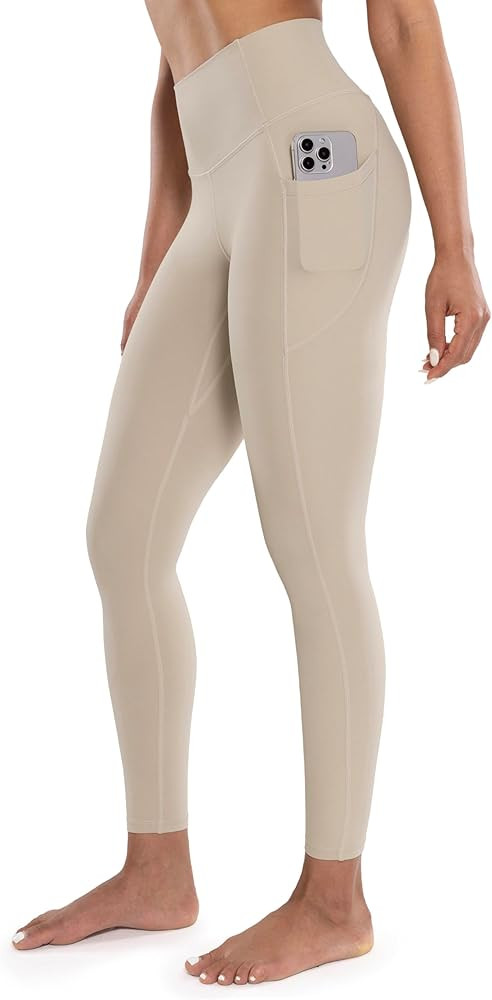 Workout Leggings with Pockets for Women High Waist Yoga Pants 7/8 Cream Soft Athletic Tights 25" ... | Amazon (US)