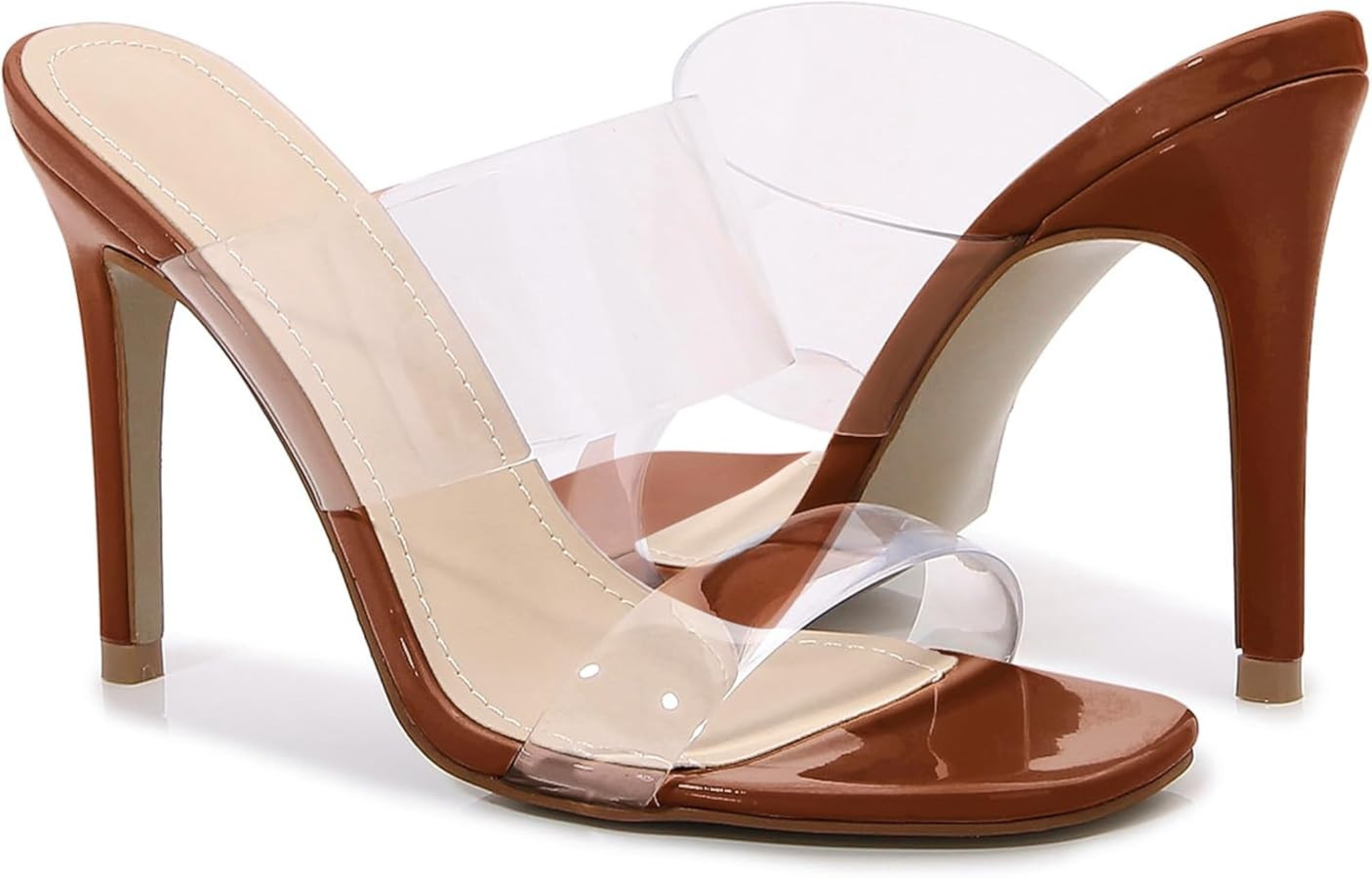 Husmeu Women's Clear Heeled Sandals Square Toe Two Strap Stiletto High Heeled Sandal Transparent ... | Amazon (US)