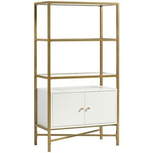 Sauder Harper Heights 3 Glass Shelf Bookcase in White and Gold | Cymax