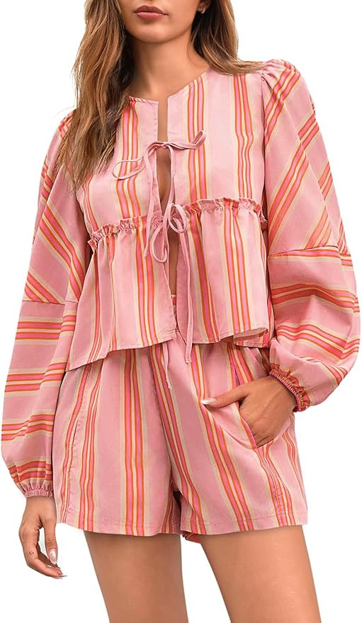 Tankaneo Womens 2 Piece Outfits Tie Front Peplum Tops Shorts Sets Striped Puff Long Sleeve Blouse... | Amazon (US)