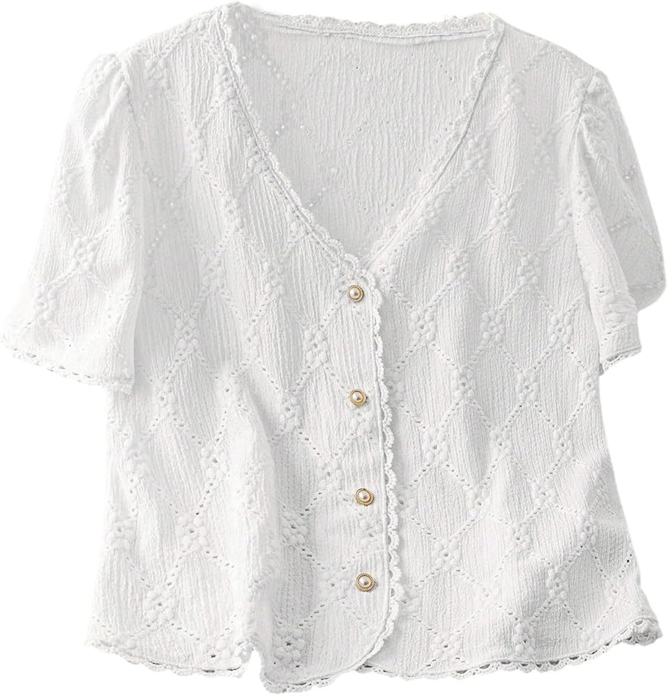 COZYEASE Women's Floral Embroidered Button Down Blouse Frill Trim Short Puff Sleeve V Neck Vacati... | Amazon (US)