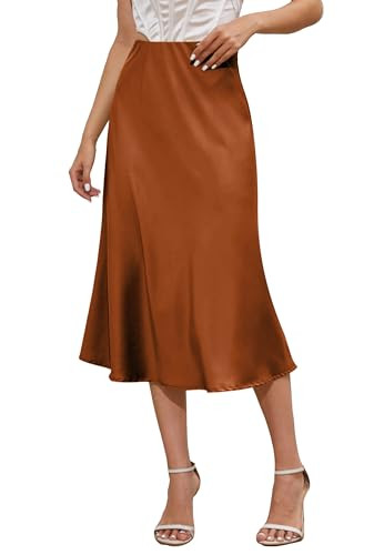 ALCEA ROSEA Silky Satin Long Skirt for Women Elastic High Waisted A Line Maxi Skirt 7307 (Caramel,X-Large) | Amazon (US)