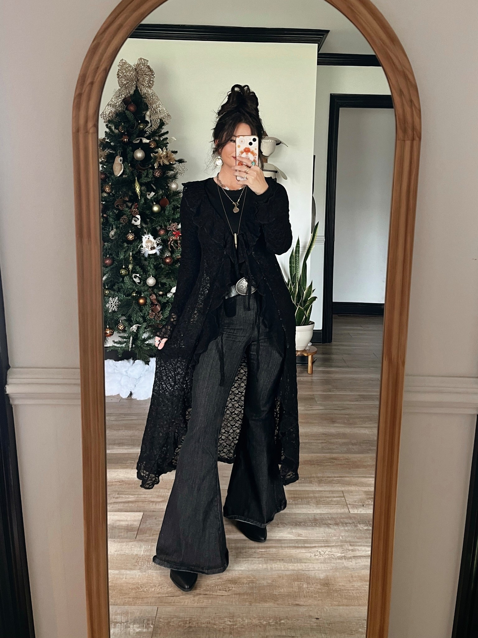 Edgy bohemian style! Wearing xs in both lace kimono and black long sleeve! Wearing 25x32 in jeans 

LORI20 to save on twisted silver necklaces and earrings 

#LTKootd #LTKSeasonal #LTKSaleAlert