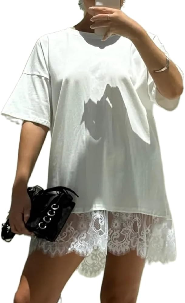 Sheer Lace Patchwork T Shirts for Women Lace Hem Crewneck Oversized Short Sleeve Shirt Casual Loo... | Amazon (US)