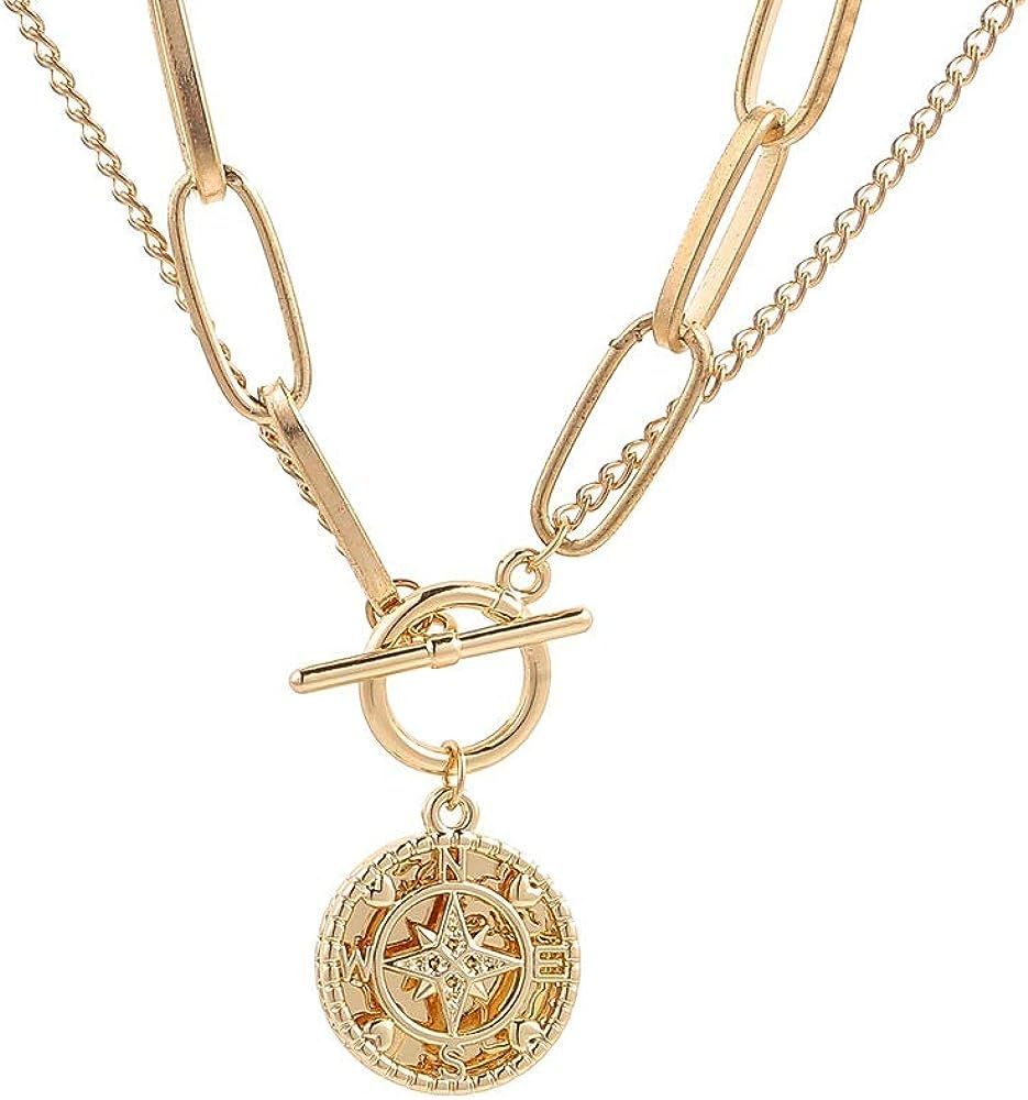 Gold Chunky Thick Link Chain Necklace Compass Coin Pendant Toggle Necklace Charm Minimalist Jewel... | Amazon (US)