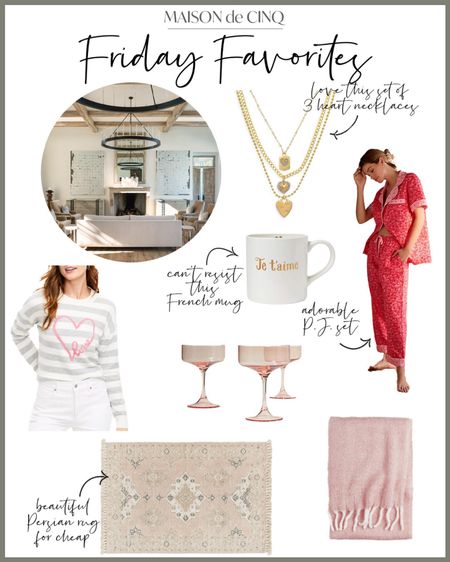 So many great finds today! Valentines decor, heart pajamas, prettiest heart necklace, gorgeous Persian rug, coupe glasses, throw, heart sweaters and more!
H & M, Anthropologie, Loft, Bloomingdales, Pottery Barn, Ann Taylor, Nordstrom 

#LTKhome #LTKGiftGuide #LTKSeasonal