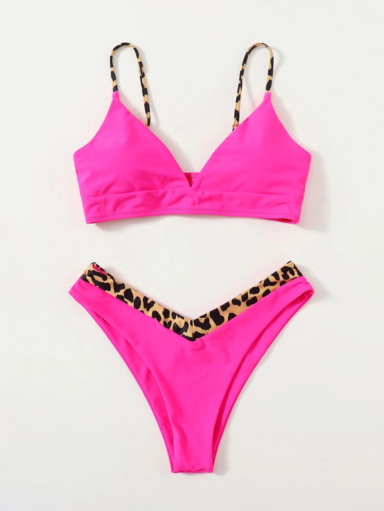 Contrast Leopard High Cut Bikini Swimsuit | SHEIN
