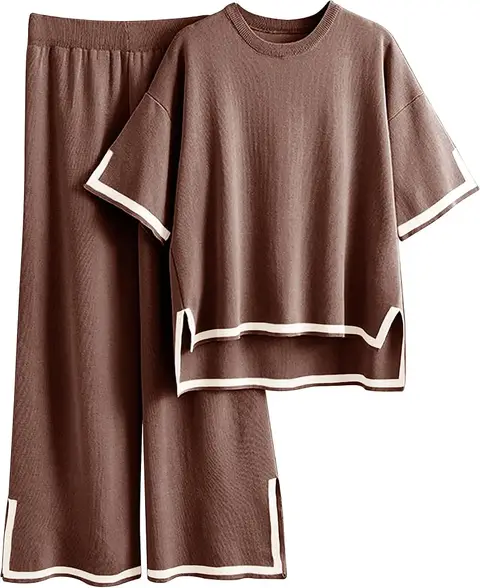 Two Piece Outfit, Short Sleeve Knit Top, Wide Leg Pant, Summer Spring Fall Matching Set, Casual T...
