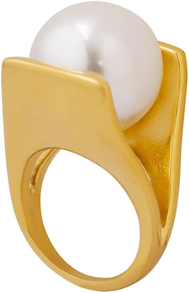 OIDIMS Exaggerated Pearl Statement Band Ring Stainless Steel Y Shaped Unique Style Big Rings Pers... | Amazon (US)