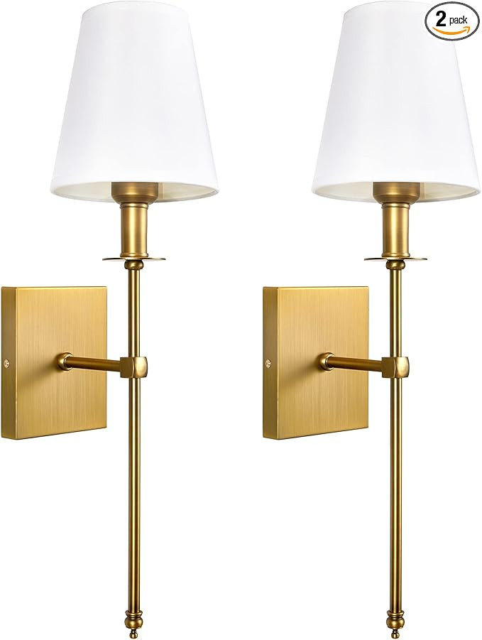 PASSICA DECOR Modern Antique Brass Wall Sconce Set of Two, with Vertical Rod and White Fabric Fla... | Amazon (US)
