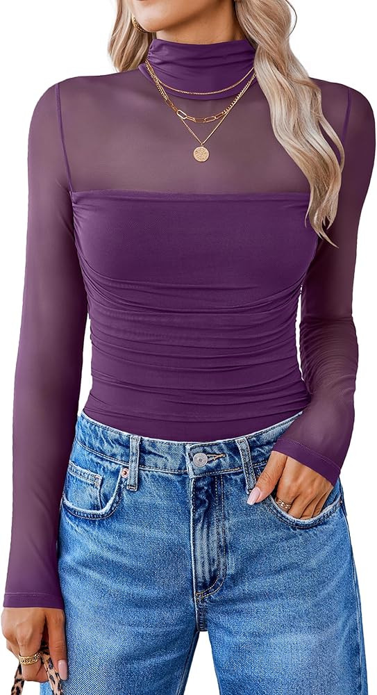 Avidlove Women Long Sleeve Bodysuit Turtle Neck Shapewear Body Suits Mesh One Piece Leotard Shirt... | Amazon (US)