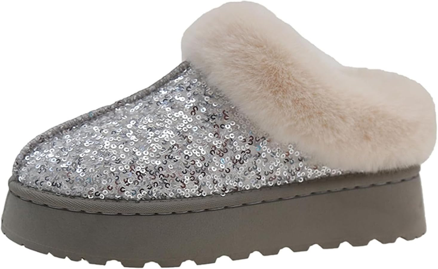 Women's Platform Glitter Sequin Flat Slippers Fuzzy Fluffy Lined Slippers Warm Winter Snow Boots ... | Amazon (US)