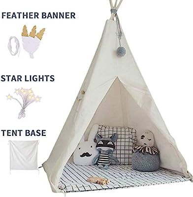 little dove Kids Foldable Teepee Play Tent with Carry Case, Banner, Fairy Lights, Feathers, Floor... | Amazon (US)