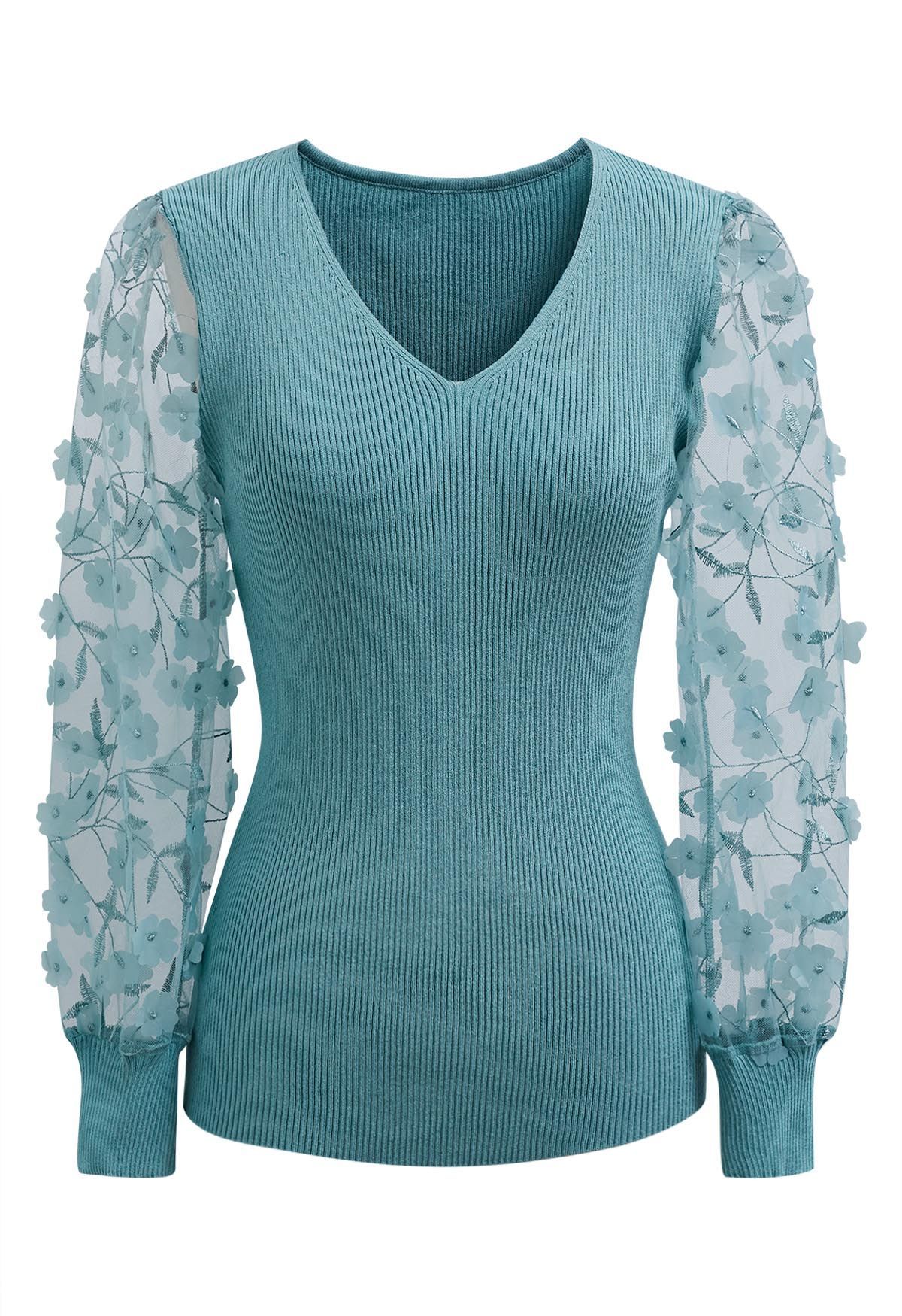 3D Floret Mesh Sleeves Spliced Knit Top in Teal | Chicwish