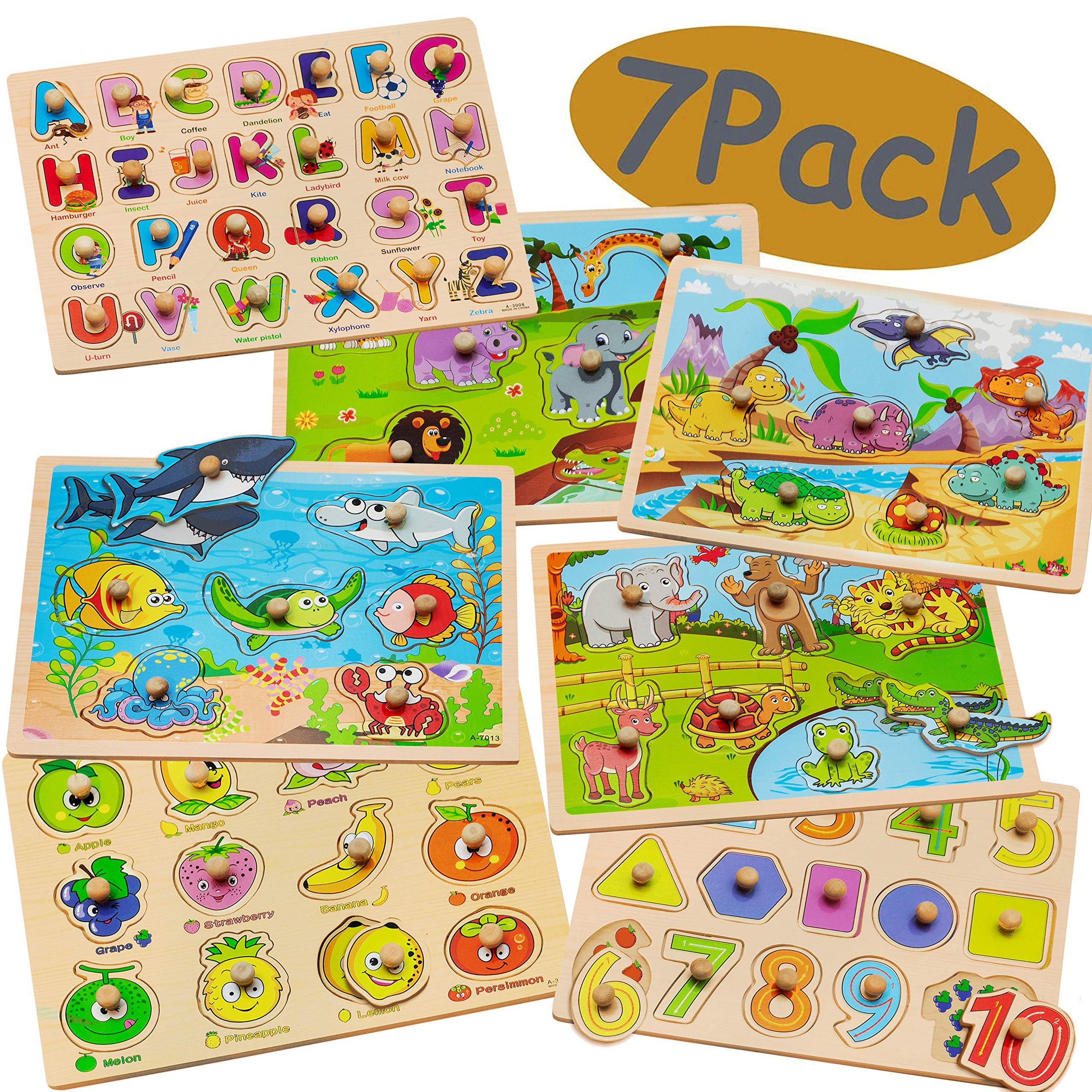 7 Pack Wooden Puzzles for Toddlers 1 2 3 4 Years Old - 7 Colorful Chunky Wood Peg Puzzles for Kid... | Amazon (US)