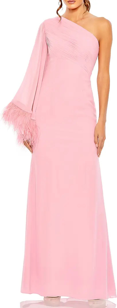 Mac Duggal Feather Cuff One Shoulder Ruched Gown | Nordstrom | Nordstrom