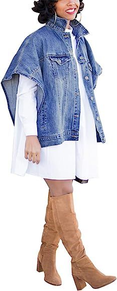 Womens Fashion Loose Denim Cloak Coats Washed Destroyed Denim Jackets Outerwear Vests | Amazon (US)