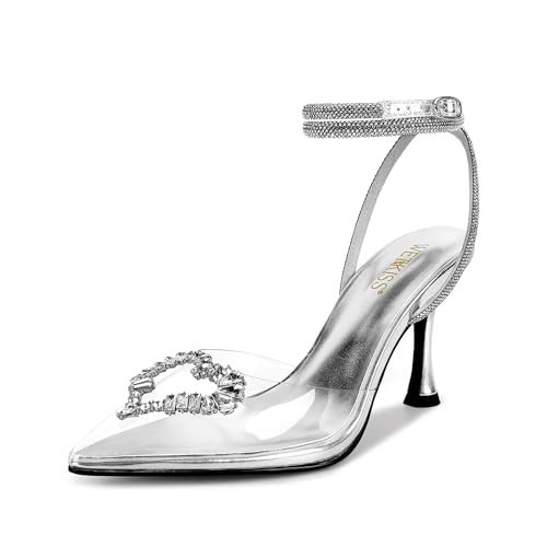 wetkiss Clear Heels Shoes for Women Transparent Heels Crystal Heels Sparkly Rhinestones Heels Dress Shoes Wedding Shoes for Bride Strappy Slingback Closed Toe Pointed Toe High Heels Women Pumps | Amazon (US)