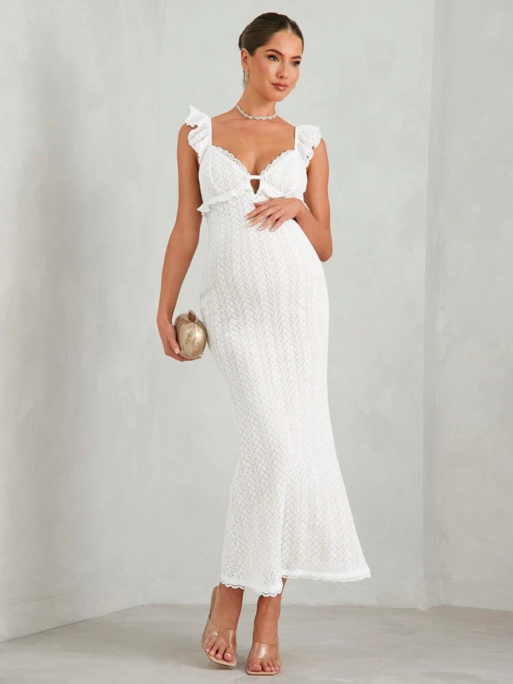 MaterniChic Maternity White Crochet Textured Off-Shoulder Dress With Hollow Back And Elegant Hem, Suitable For Party, Wedding, Formal Events, Sexy | SHEIN