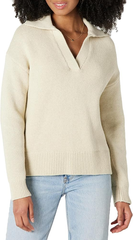 Amazon Essentials Women's Relaxed-Fit Heavyweight Cotton Long Sleeve V Neck Polo Pullover Sweater | Amazon (US)