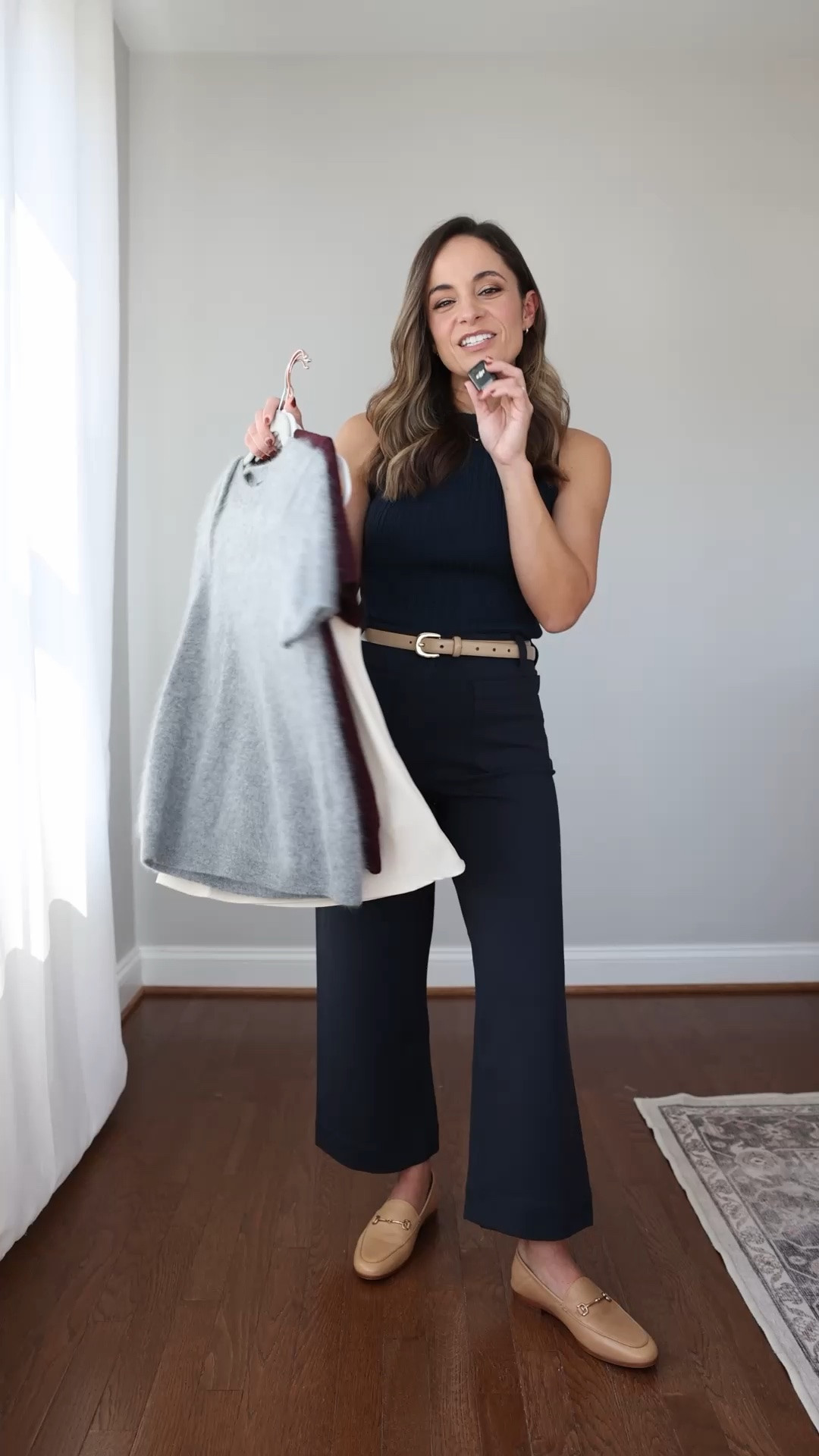 A few tops from @Quince  that are great for work! You can wear these solo, but they also make a great base layer under cardigans and blazers. 

Ultra-Stretch Ponte Cropped Wide Leg Pants: 0 Short / 24” inseam 
Cotton Cashmere Ribbed Tank: Atlas Navy
Draped Matte Cowl Neck Tank: XS in Porcelain Ivory
Brushed Cashmere Tee: XS in Heather Gray
Mongolian Cashmere Tee: XS (exact color not available)
Sofia European Leather Skinny Belt: XS in Mushroom

#quincepartner