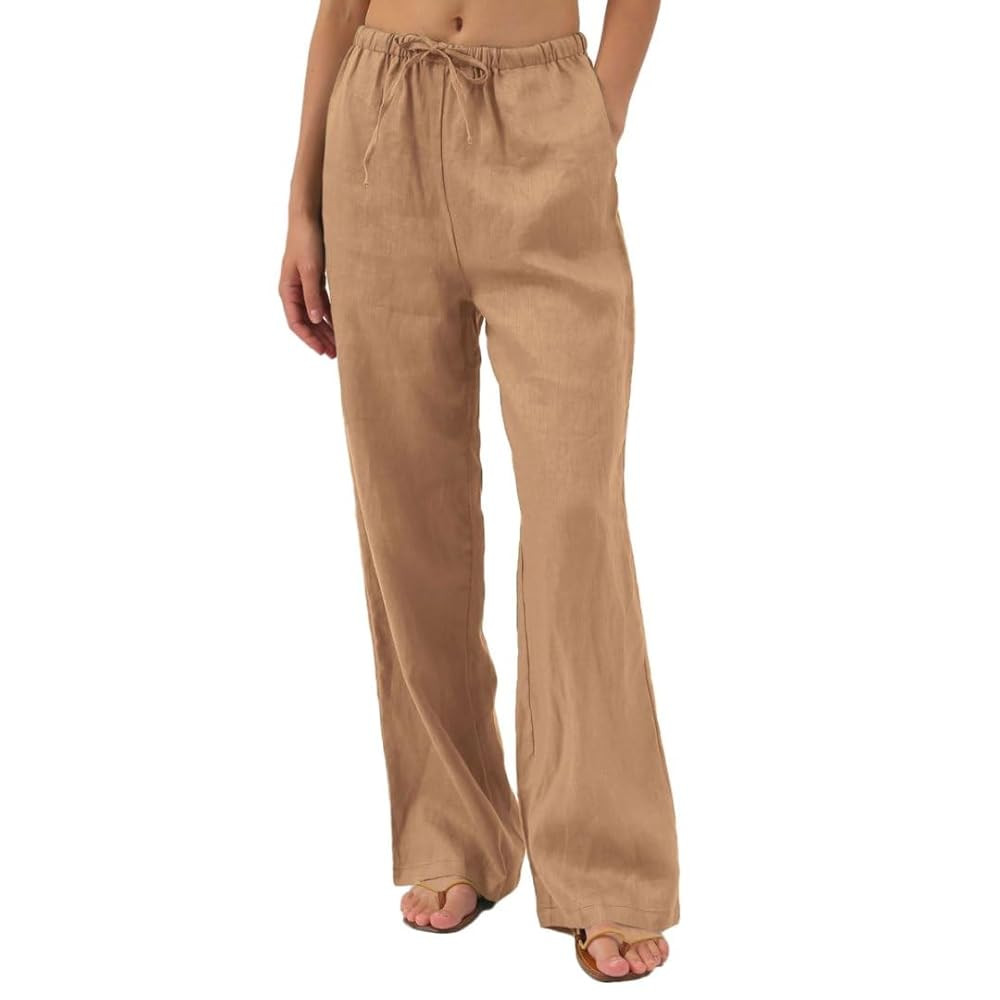 Amazhiyu Womens Pure Linen Summer Drawstring Flowy Wide Leg Pants with Pockets | Amazon (US)