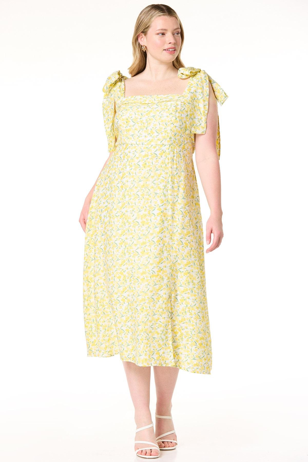 Plus Size Yellow Floral Bow Strap Dress | Cato Fashions
