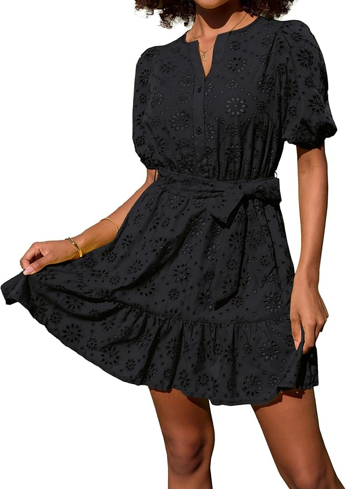 GRACE KARIN Womens Eyelet Vacation Dress Summer Casual A-line Mini Sundress Puff Sleeve Tie V Nec... | Amazon (US)