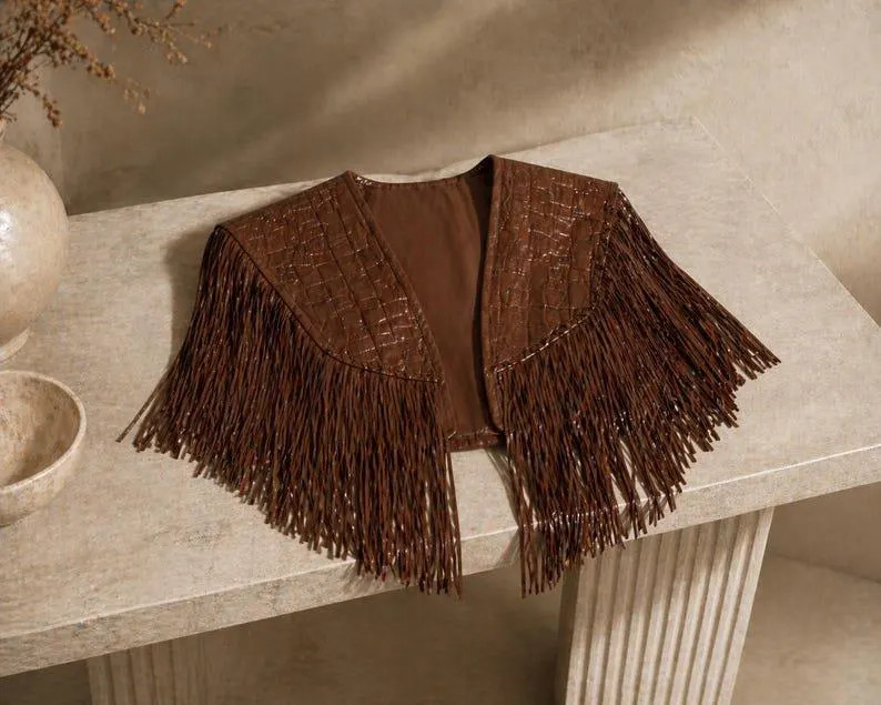 Women Brown and Black Crocodile Leather Fringe Shawl Wedding Cape: Western Boho Cowgirl Shoulder ... | Etsy (Global)