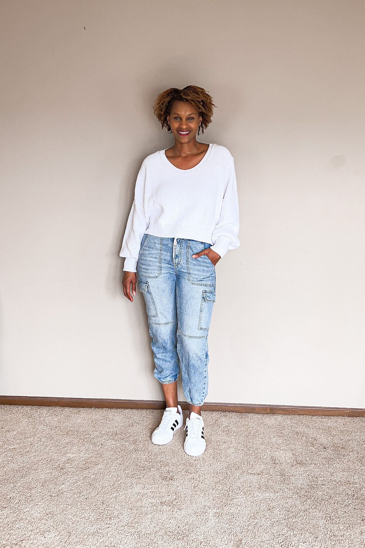 Simple casual outfit from American Eagle. Denim joggers and a slightly oversized cropped sweater. Can be worn off the shoulder  and great for spring

#LTKover40 #LTKSeasonal