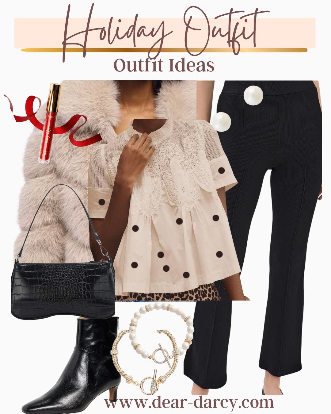 Black and cream Holiday outfit with a red lip❤️💋💄

How cute is this polka dot & lace top under $40  tts

Amazon gin black bag 

Cute black boots, comfy and tts 

Cream fur coat tts and affordable 

Black pants tts 

Pearl bracelets Pearl earrings 

Limited edition Holly red lip plumper/gloss 

#LTKStyleTip #LTKSaleAlert #LTKHoliday