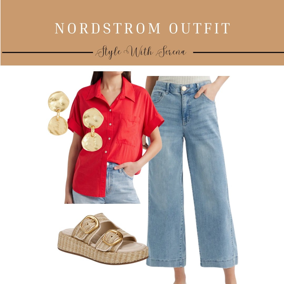 Nordstrom outfit 
Summer outfit 
Red blouse 
Sandals 
Jeans 
Denim 
Summer fashion 
Nordstrom style 

#LTKOver40 #LTKStyleTip #LTKSummerEdit