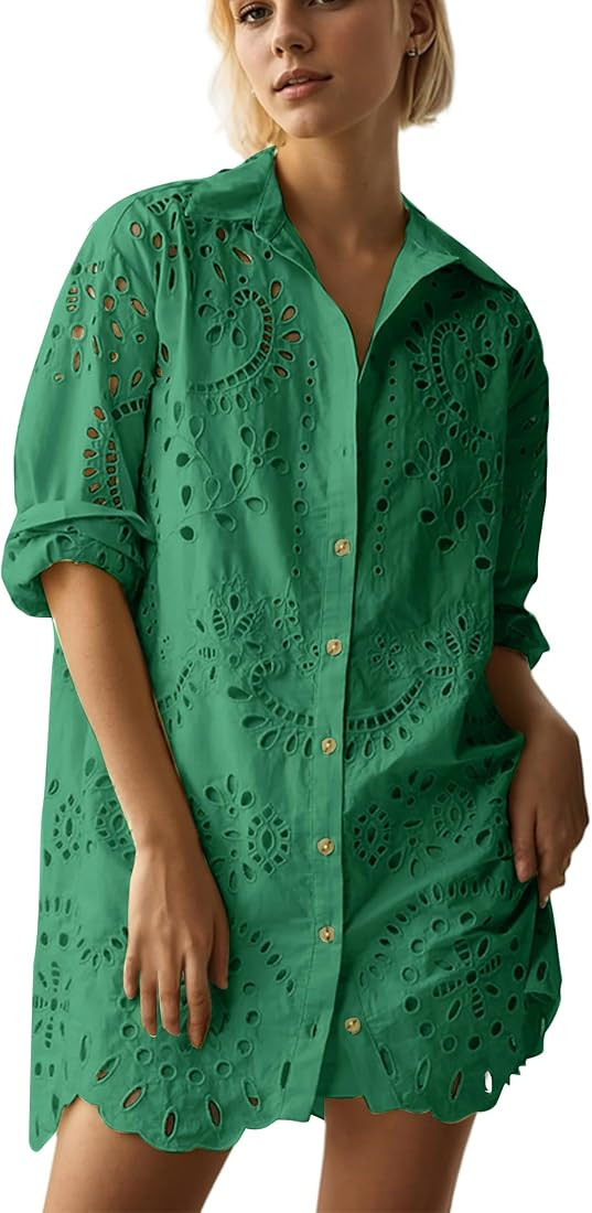 Women Hollow Out Eyelet Button Down Lapel V Neck Long Sleeve Ruffle Flowy Solid Oversized Loose M... | Amazon (US)