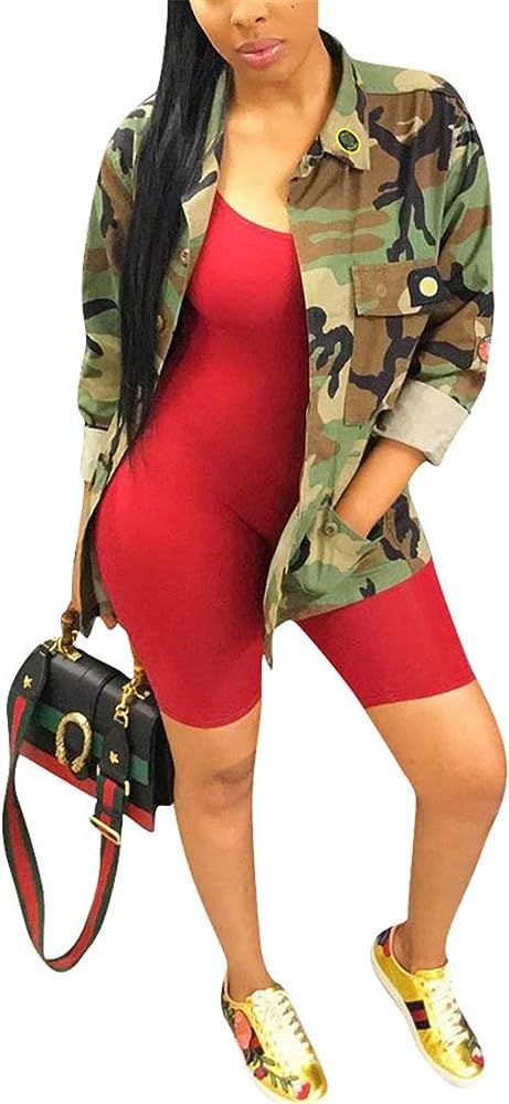Antique Style Womens Spring Fall Fashion Long Sleeve Safari Jackets Military Camo Printed Coats O... | Amazon (US)