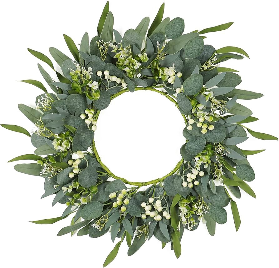 TOCHGREEN 22" Artificial Eucalyptus Wreath - Green Eucalyptus Leaf Wreath with White Berries, Per... | Amazon (US)