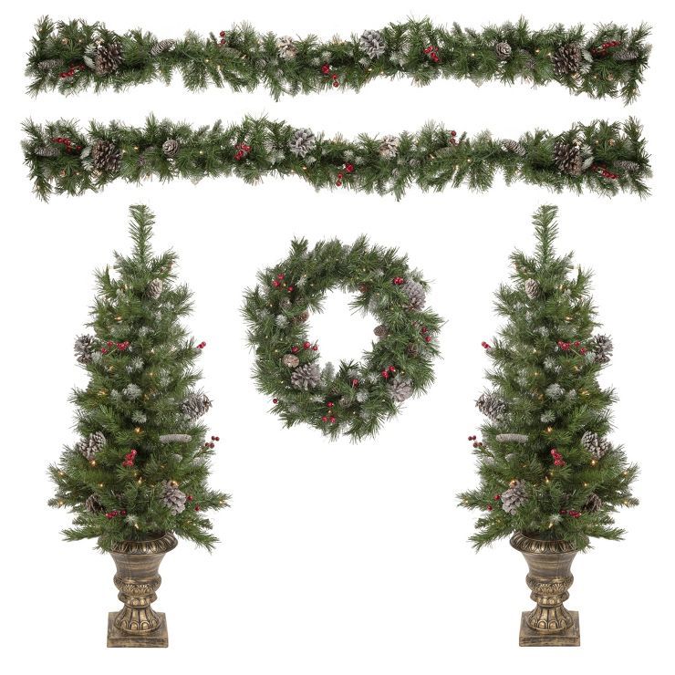 Northlight 5-Piece Pre-Lit Frosted Verona Berry Pine Artificial Christmas Entryway Set | Target