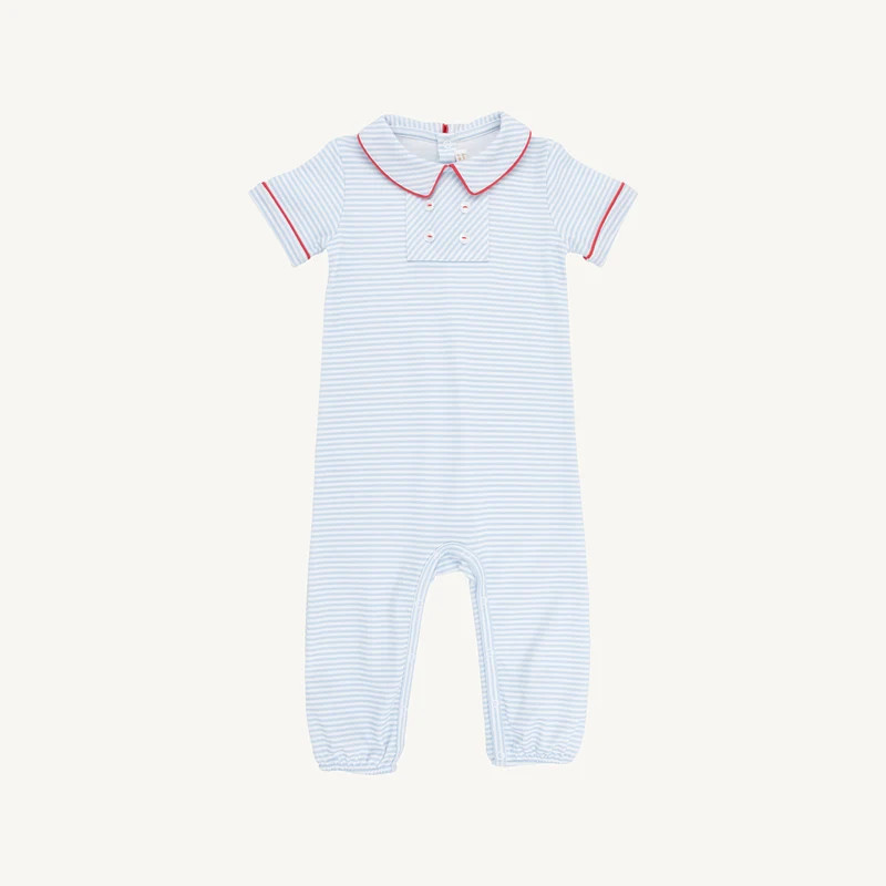 Benny Button Romper - Beale Street Blue Stripe | The Beaufort Bonnet Company