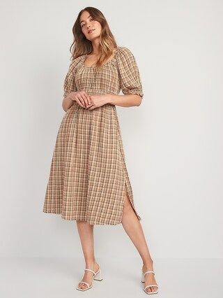 Waist-Defined Puff-Sleeve Plaid Midi Dress for Women | Old Navy (US)