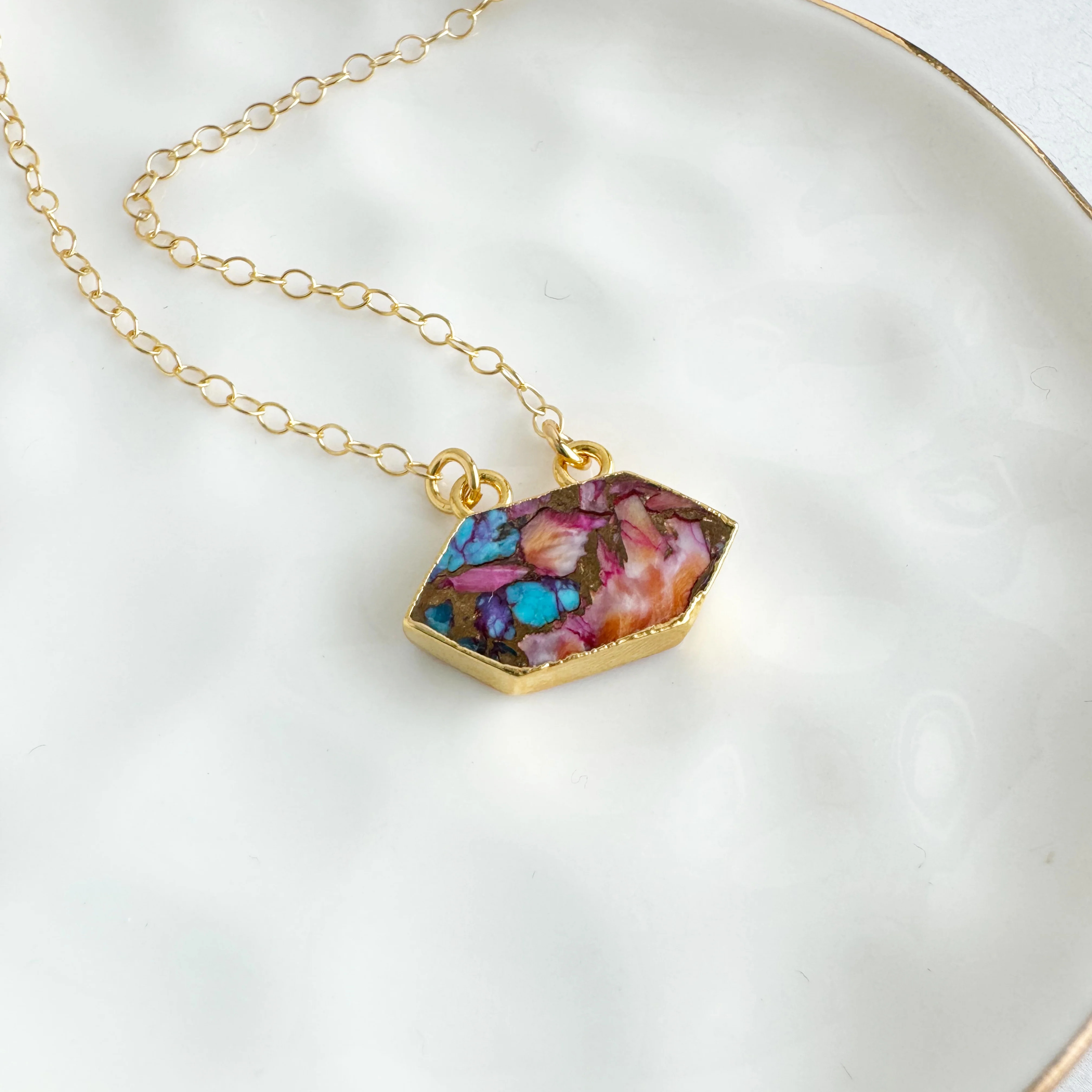 Pink Oyster Turquoise Rhombus Pendant Necklace on 14k Gold Filled Chain | Rustic Gem Jewelry
