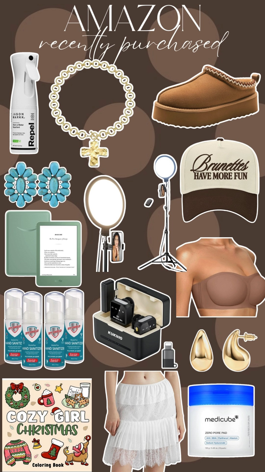 Amazon recently purcahsed. add to cart. shoe repellent. turquoise earrings. kindle. ring light. hand sanitizer. coloring book. slippers. look for less. cross. necklace. gold accessories. bluetooth mic. slip skirt. medicube. skincare. earrings. 

 #LTKFindsUnder50 #LTKFindsUnder100